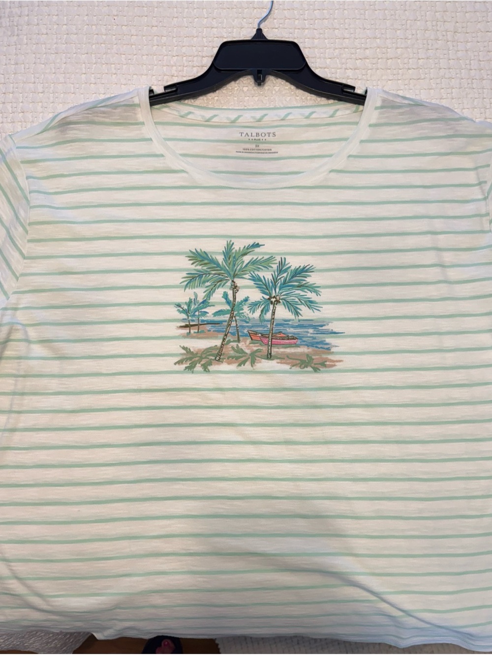 Talbots Plus White Tee with Mint Green Stripes
